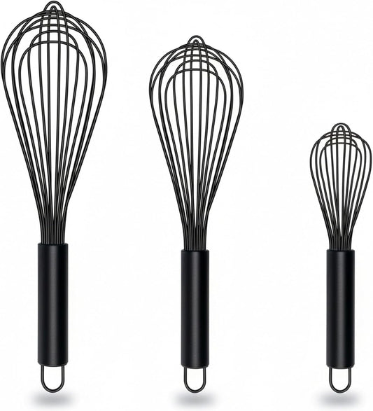 Silicone Whisk Set, Stainless Steel Handle, Heat Resistant Nonstick | Food Grade Silicone, Rust Resistant, Dishwasher Safe, Non Scratch, for Cooking Baking Egg Mixing