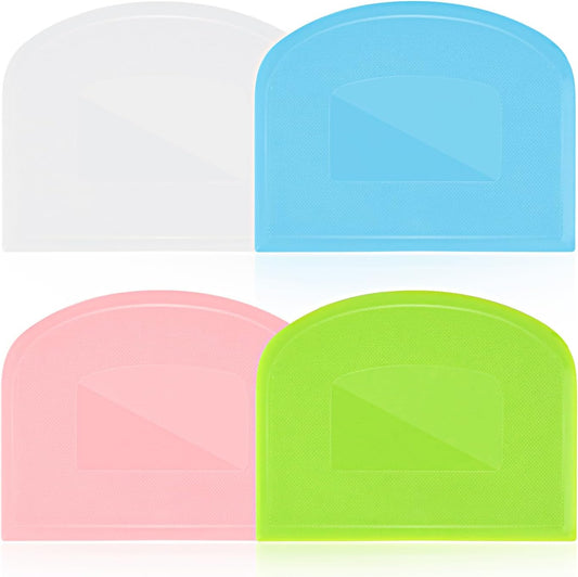 4 Pieces Food Scraper, Flexible Dough Scraper, Dough Scraper for Sourdough, Multifunctional Kitchen Scraper Tool, Baking Scraper, Bread Dough Cutter, Cake Smoother for Icing (White, Green, Blue, Pink)