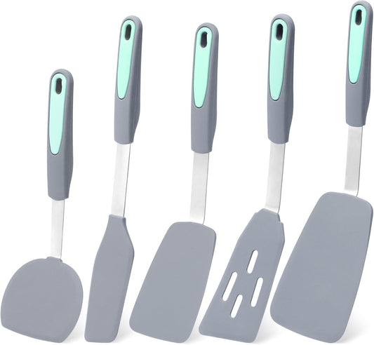 Silicone Spatula Set, Heat Resistant Non-Stick Kitchen Utensils, Silicone Turner Spatulas for Cooking, Frying & Pancake, Light Grey