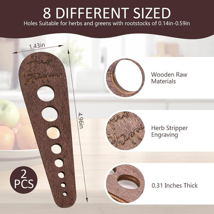 2 Pcs Herb Stripper Tool, Wooden Herb Stripper Vegetable Leaf Remover 8 Different Aperture Designs Wood Stripping Strippers Suitable for Herbs, Parsley, Coriander, Thyme, Rosemary (Brown)