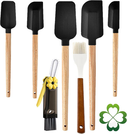 7 Piece Silicone Spatula Set, Food Grade Rubber Spatula Set with Wooden Handle, Heat Resistant Up to 600°F, Silicone Utensils Set for Baking, Cooking & Mixing, Jar, Non-Stick Kitchen Utensils