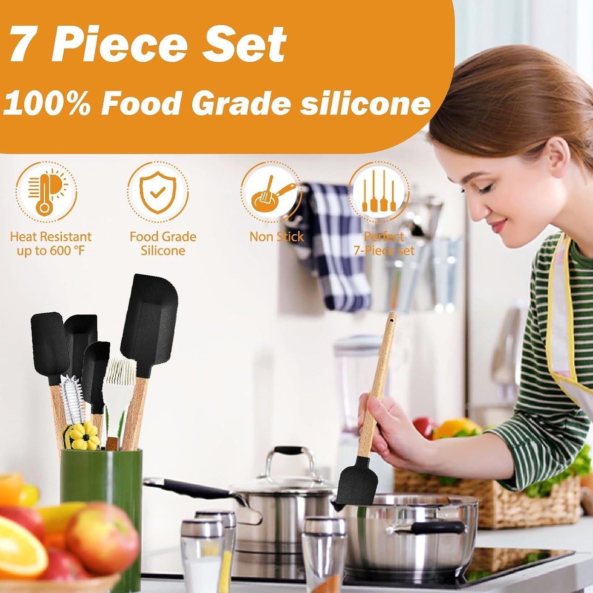 7 Piece Silicone Spatula Set, Food Grade Rubber Spatula Set with Wooden Handle, Heat Resistant Up to 600°F, Silicone Utensils Set for Baking, Cooking & Mixing, Jar, Non-Stick Kitchen Utensils