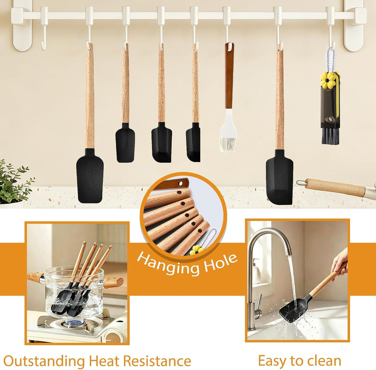 7 Piece Silicone Spatula Set, Food Grade Rubber Spatula Set with Wooden Handle, Heat Resistant Up to 600°F, Silicone Utensils Set for Baking, Cooking & Mixing, Jar, Non-Stick Kitchen Utensils
