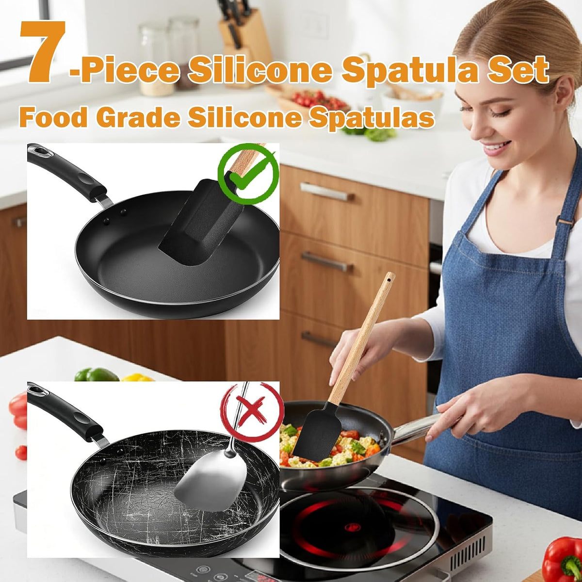 7 Piece Silicone Spatula Set, Food Grade Rubber Spatula Set with Wooden Handle, Heat Resistant Up to 600°F, Silicone Utensils Set for Baking, Cooking & Mixing, Jar, Non-Stick Kitchen Utensils
