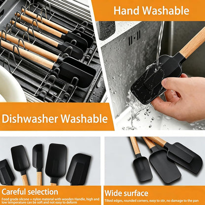 7 Piece Silicone Spatula Set, Food Grade Rubber Spatula Set with Wooden Handle, Heat Resistant Up to 600°F, Silicone Utensils Set for Baking, Cooking & Mixing, Jar, Non-Stick Kitchen Utensils