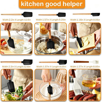 7 Piece Silicone Spatula Set, Food Grade Rubber Spatula Set with Wooden Handle, Heat Resistant Up to 600°F, Silicone Utensils Set for Baking, Cooking & Mixing, Jar, Non-Stick Kitchen Utensils
