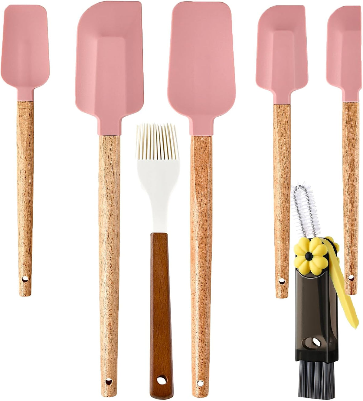 7 Piece Silicone Spatula Set, Food Grade Rubber Spatula Set with Wooden Handle, Heat Resistant Up to 600°F, Silicone Utensils Set for Baking, Cooking & Mixing, Jar, Non-Stick Kitchen Utensils