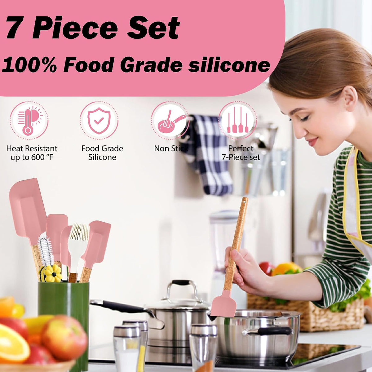 7 Piece Silicone Spatula Set, Food Grade Rubber Spatula Set with Wooden Handle, Heat Resistant Up to 600°F, Silicone Utensils Set for Baking, Cooking & Mixing, Jar, Non-Stick Kitchen Utensils