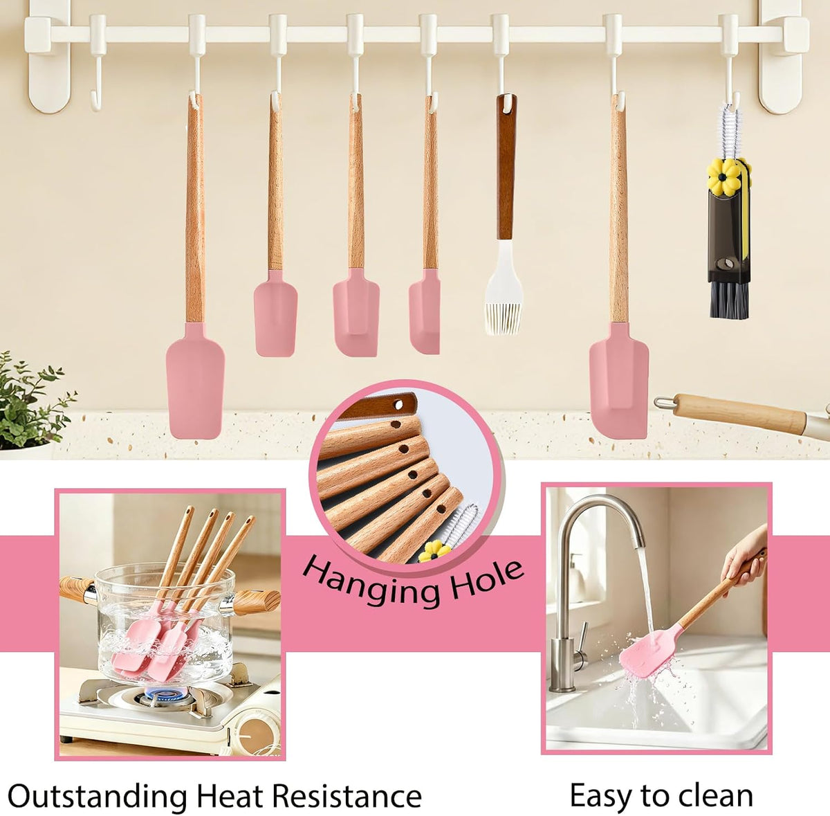 7 Piece Silicone Spatula Set, Food Grade Rubber Spatula Set with Wooden Handle, Heat Resistant Up to 600°F, Silicone Utensils Set for Baking, Cooking & Mixing, Jar, Non-Stick Kitchen Utensils