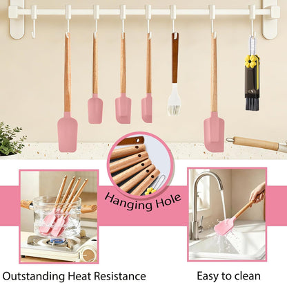 7 Piece Silicone Spatula Set, Food Grade Rubber Spatula Set with Wooden Handle, Heat Resistant Up to 600°F, Silicone Utensils Set for Baking, Cooking & Mixing, Jar, Non-Stick Kitchen Utensils