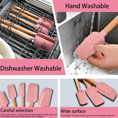 7 Piece Silicone Spatula Set, Food Grade Rubber Spatula Set with Wooden Handle, Heat Resistant Up to 600°F, Silicone Utensils Set for Baking, Cooking & Mixing, Jar, Non-Stick Kitchen Utensils
