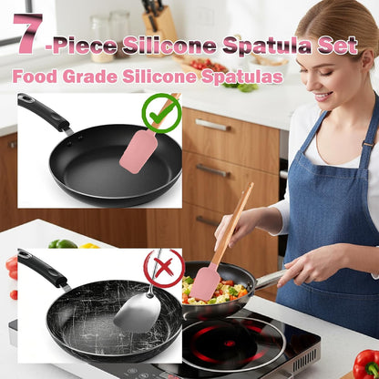 7 Piece Silicone Spatula Set, Food Grade Rubber Spatula Set with Wooden Handle, Heat Resistant Up to 600°F, Silicone Utensils Set for Baking, Cooking & Mixing, Jar, Non-Stick Kitchen Utensils