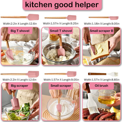7 Piece Silicone Spatula Set, Food Grade Rubber Spatula Set with Wooden Handle, Heat Resistant Up to 600°F, Silicone Utensils Set for Baking, Cooking & Mixing, Jar, Non-Stick Kitchen Utensils