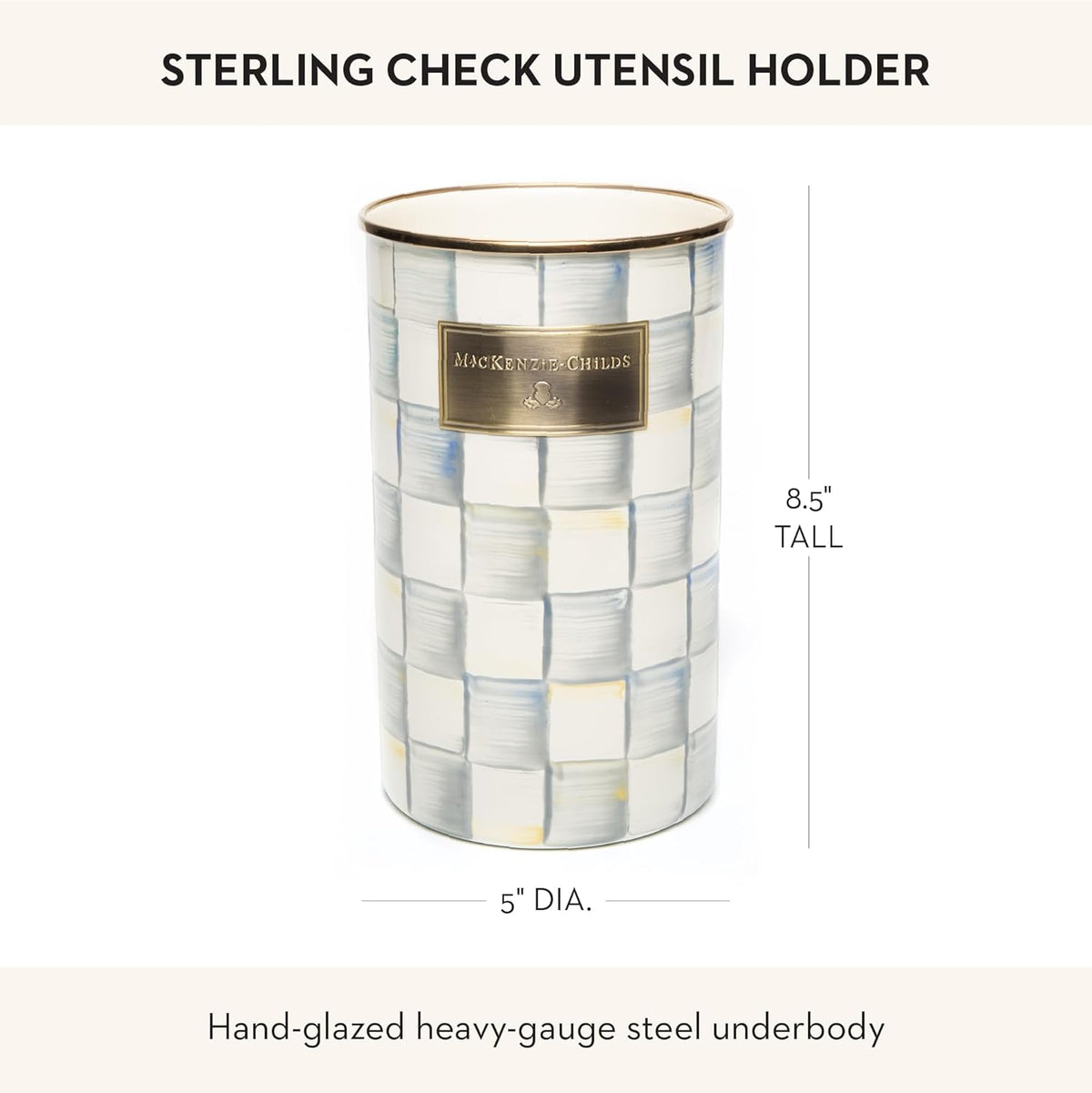 Enamel Utensil Holder, Gray-and-White Sterling Check | Hand-painted design, made from enameled steel, ideal for storing and organizing kitchen utensils, 5" dia. x 8.5" H