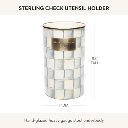 Enamel Utensil Holder, Gray-and-White Sterling Check | Hand-painted design, made from enameled steel, ideal for storing and organizing kitchen utensils, 5" dia. x 8.5" H
