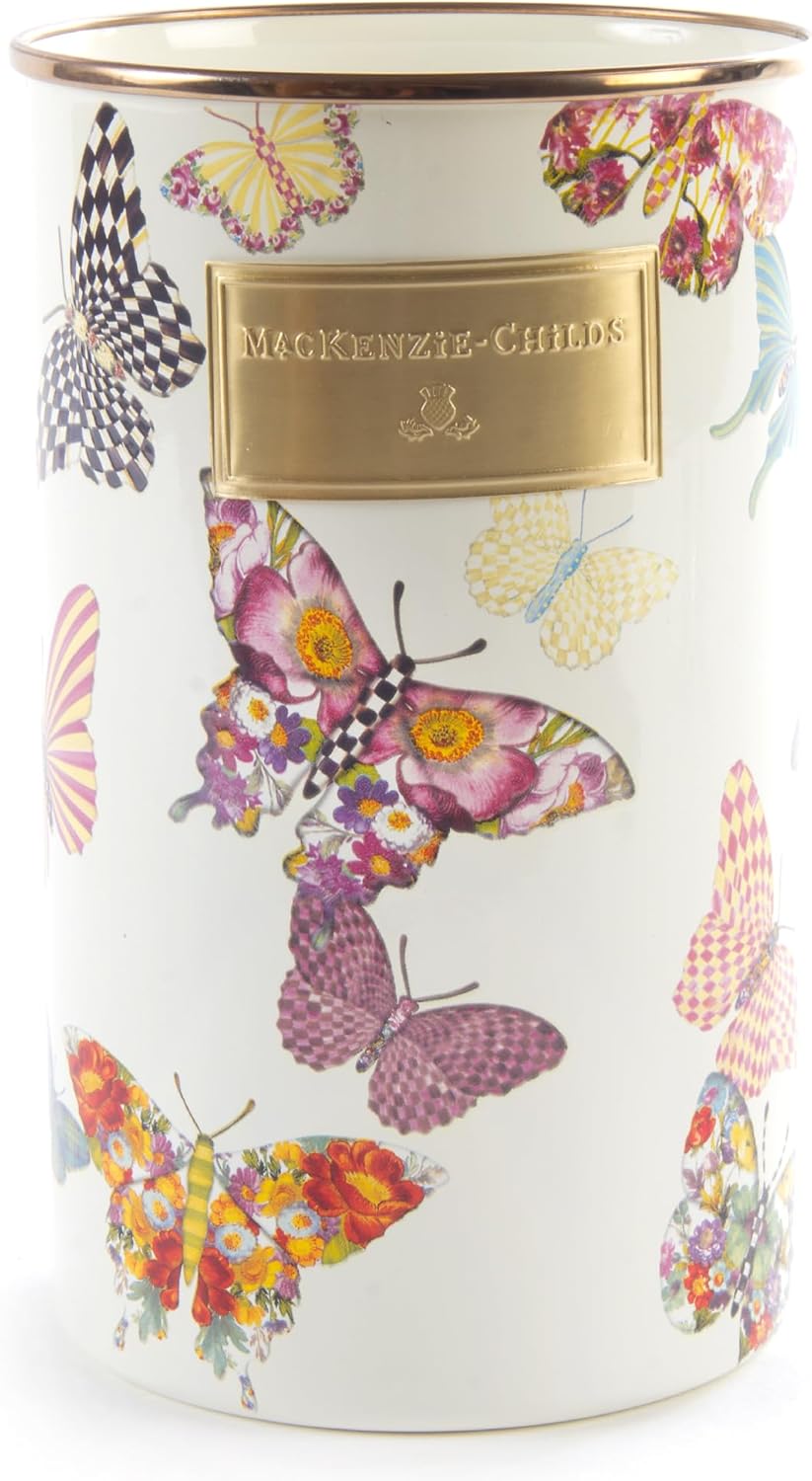 Enamel Utensil Holder, Gray-and-White Sterling Check | Hand-painted design, made from enameled steel, ideal for storing and organizing kitchen utensils, 5" dia. x 8.5" H