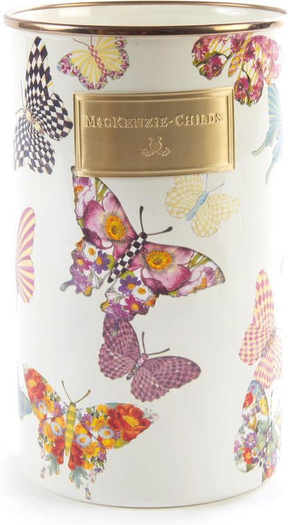 Enamel Utensil Holder, Gray-and-White Sterling Check | Hand-painted design, made from enameled steel, ideal for storing and organizing kitchen utensils, 5" dia. x 8.5" H