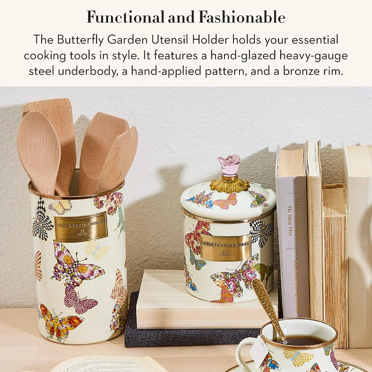 Enamel Utensil Holder, Gray-and-White Sterling Check | Hand-painted design, made from enameled steel, ideal for storing and organizing kitchen utensils, 5" dia. x 8.5" H
