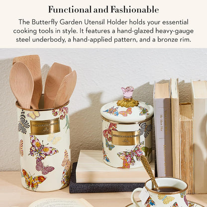 Enamel Utensil Holder, Gray-and-White Sterling Check | Hand-painted design, made from enameled steel, ideal for storing and organizing kitchen utensils, 5" dia. x 8.5" H