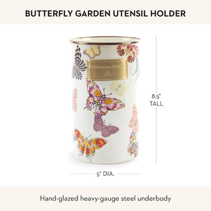 Enamel Utensil Holder, Gray-and-White Sterling Check | Hand-painted design, made from enameled steel, ideal for storing and organizing kitchen utensils, 5" dia. x 8.5" H