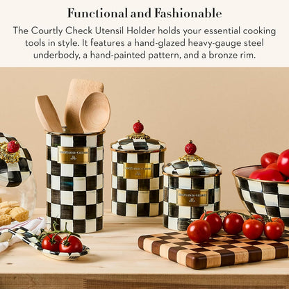 Enamel Utensil Holder, Gray-and-White Sterling Check | Hand-painted design, made from enameled steel, ideal for storing and organizing kitchen utensils, 5" dia. x 8.5" H