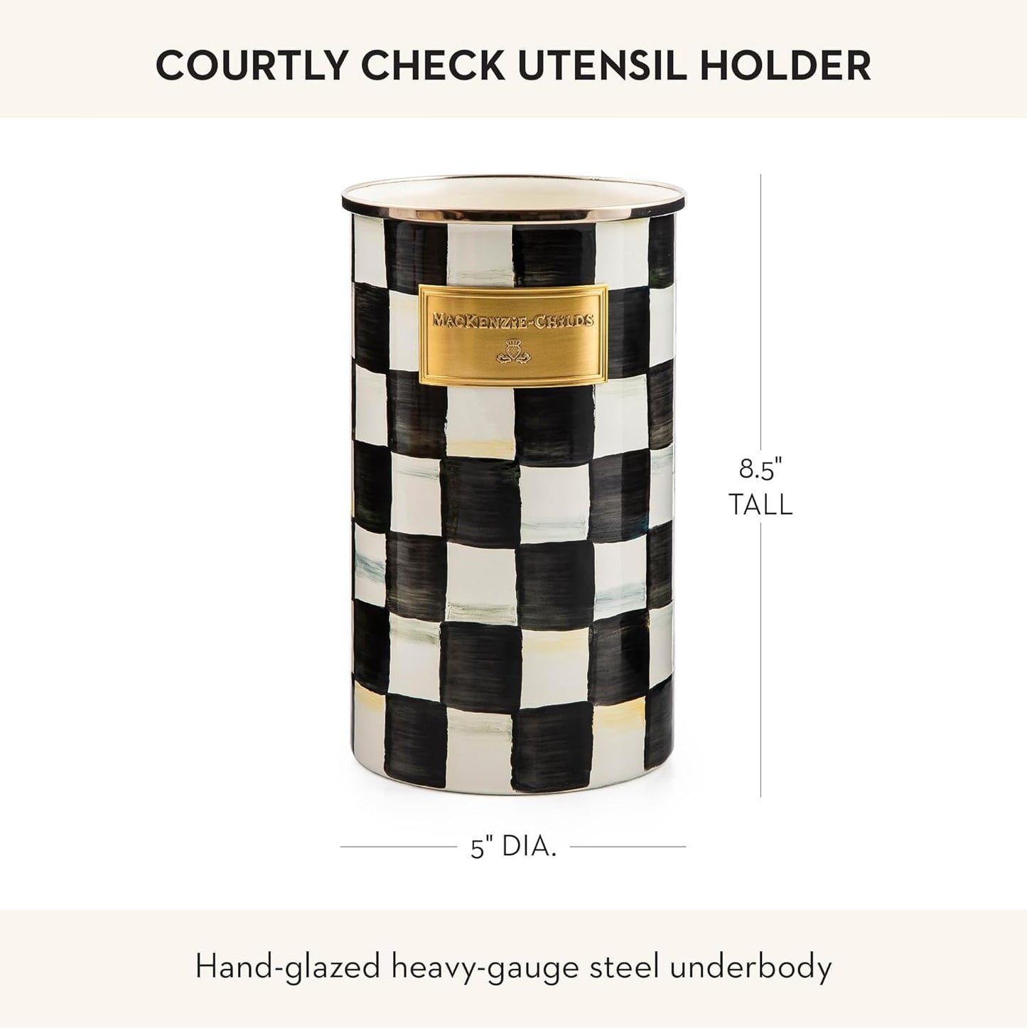 Enamel Utensil Holder, Gray-and-White Sterling Check | Hand-painted design, made from enameled steel, ideal for storing and organizing kitchen utensils, 5" dia. x 8.5" H