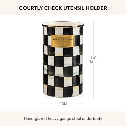 Enamel Utensil Holder, Gray-and-White Sterling Check | Hand-painted design, made from enameled steel, ideal for storing and organizing kitchen utensils, 5" dia. x 8.5" H