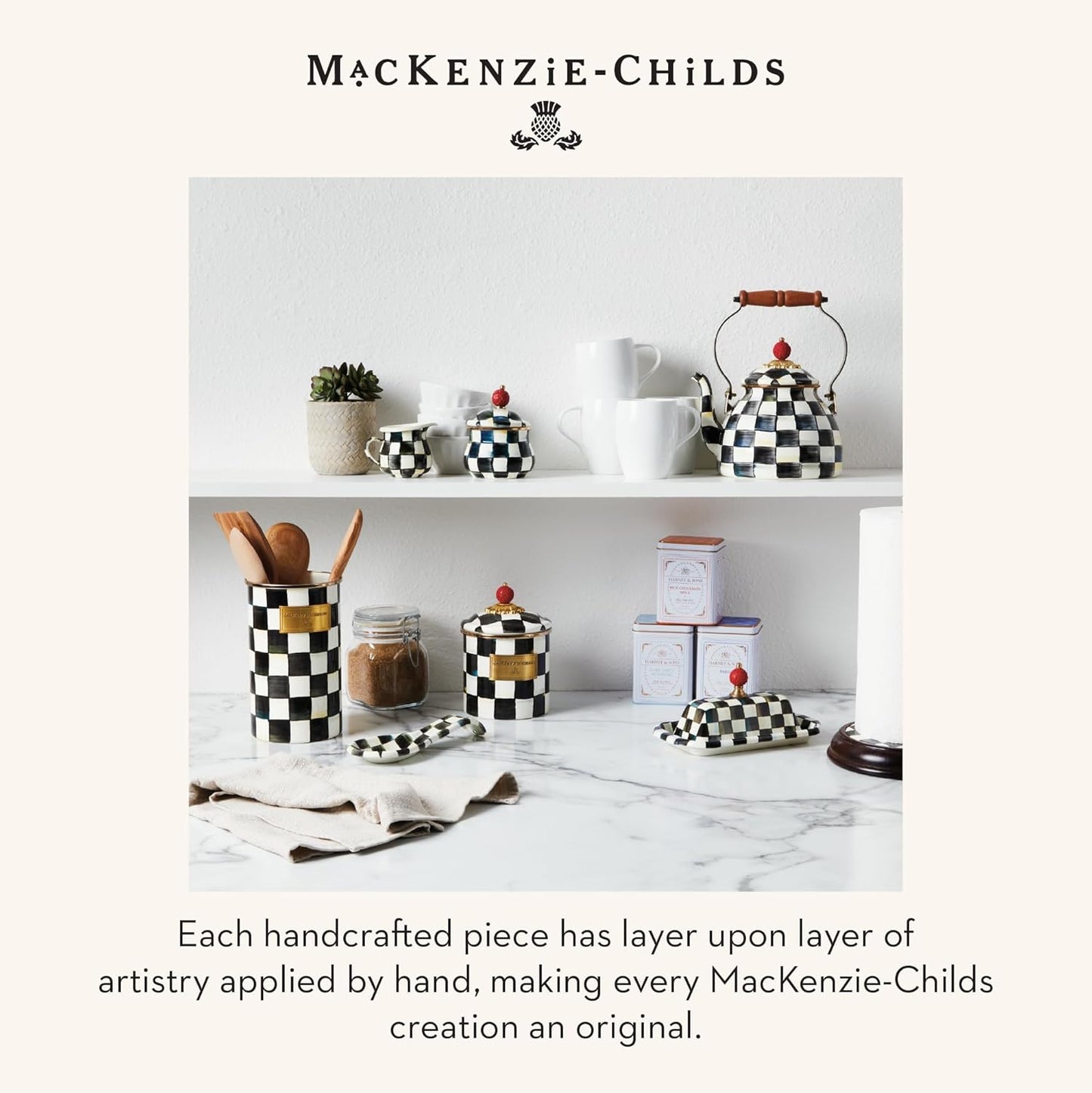 Enamel Utensil Holder, Gray-and-White Sterling Check | Hand-painted design, made from enameled steel, ideal for storing and organizing kitchen utensils, 5" dia. x 8.5" H