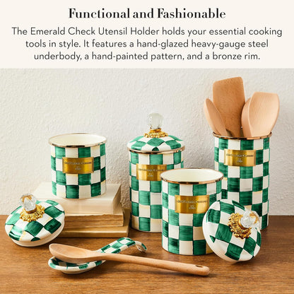 Enamel Utensil Holder, Gray-and-White Sterling Check | Hand-painted design, made from enameled steel, ideal for storing and organizing kitchen utensils, 5" dia. x 8.5" H