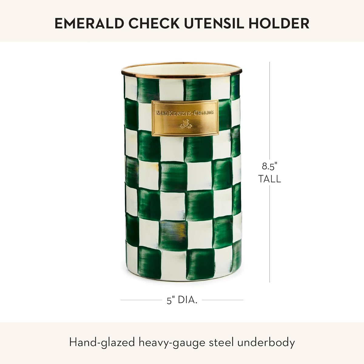 Enamel Utensil Holder, Gray-and-White Sterling Check | Hand-painted design, made from enameled steel, ideal for storing and organizing kitchen utensils, 5" dia. x 8.5" H