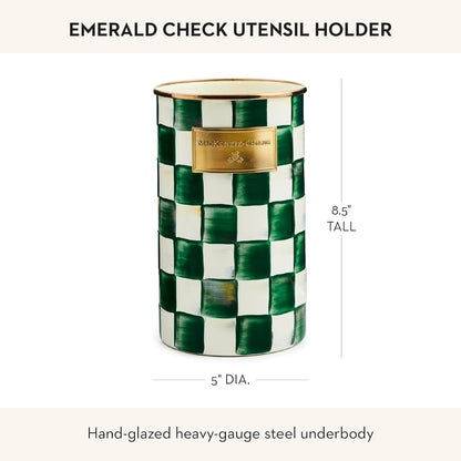 Enamel Utensil Holder, Gray-and-White Sterling Check | Hand-painted design, made from enameled steel, ideal for storing and organizing kitchen utensils, 5" dia. x 8.5" H