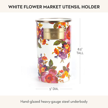 Enamel Utensil Holder, Gray-and-White Sterling Check | Hand-painted design, made from enameled steel, ideal for storing and organizing kitchen utensils, 5" dia. x 8.5" H