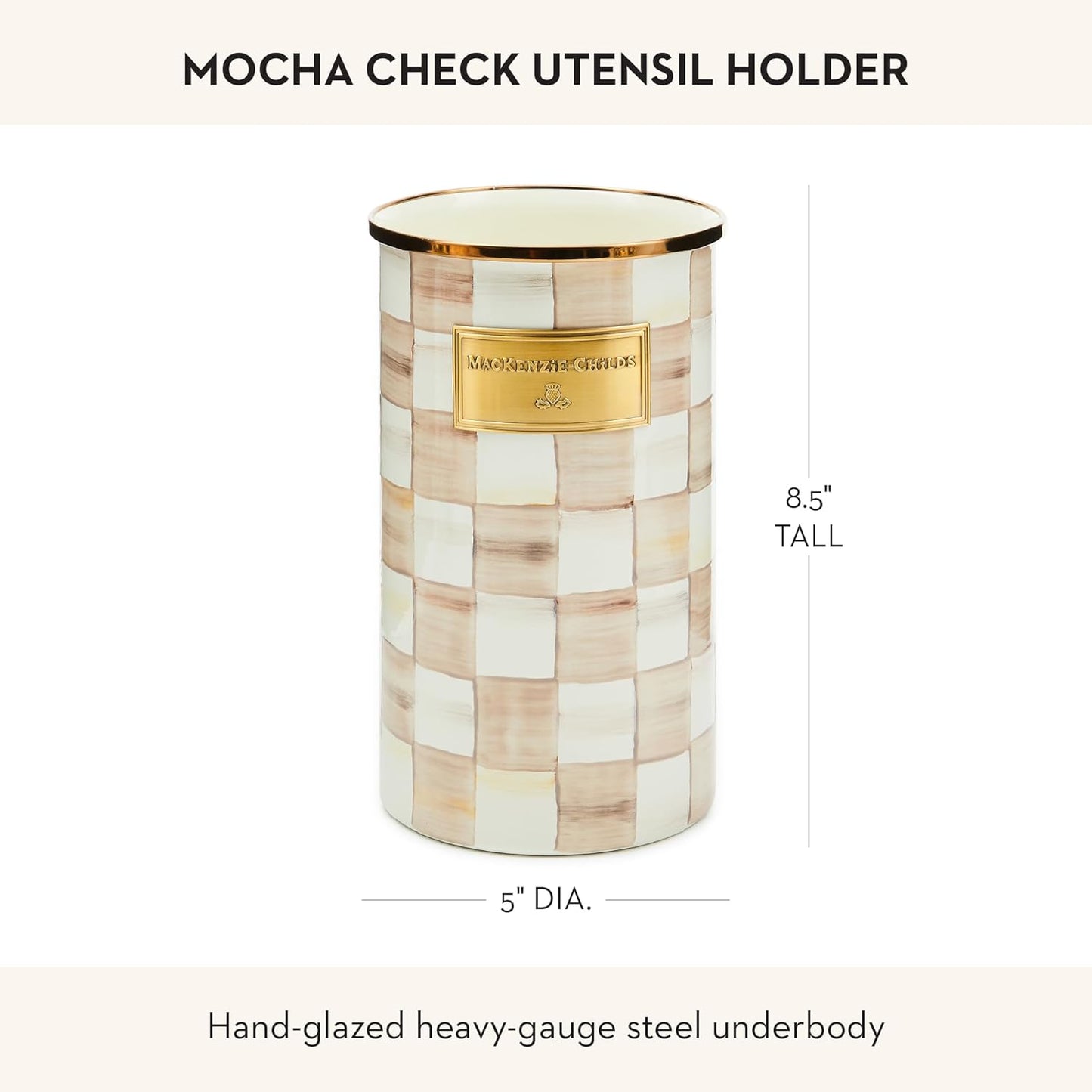 Enamel Utensil Holder, Gray-and-White Sterling Check | Hand-painted design, made from enameled steel, ideal for storing and organizing kitchen utensils, 5" dia. x 8.5" H