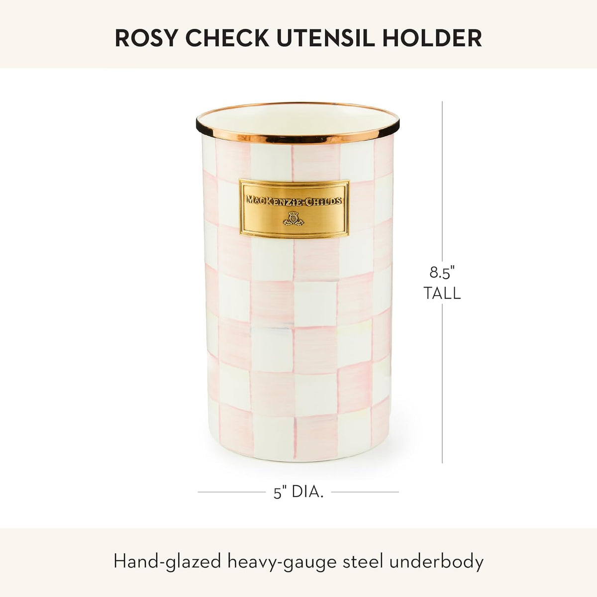 Enamel Utensil Holder, Gray-and-White Sterling Check | Hand-painted design, made from enameled steel, ideal for storing and organizing kitchen utensils, 5" dia. x 8.5" H