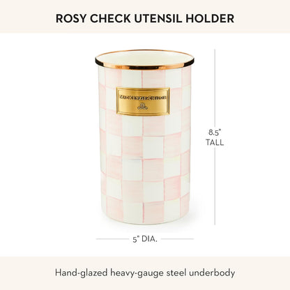 Enamel Utensil Holder, Gray-and-White Sterling Check | Hand-painted design, made from enameled steel, ideal for storing and organizing kitchen utensils, 5" dia. x 8.5" H