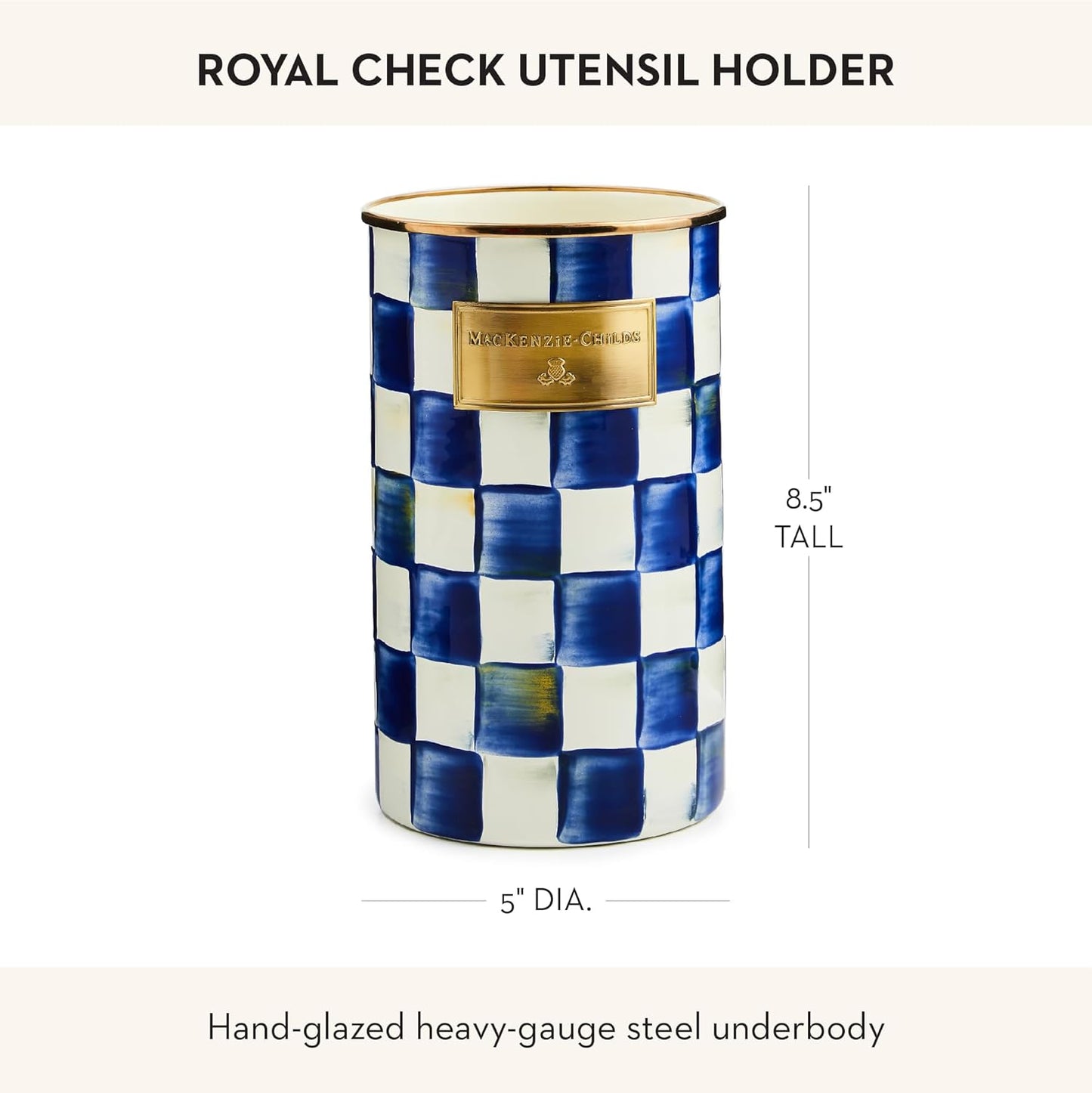 Enamel Utensil Holder, Gray-and-White Sterling Check | Hand-painted design, made from enameled steel, ideal for storing and organizing kitchen utensils, 5" dia. x 8.5" H