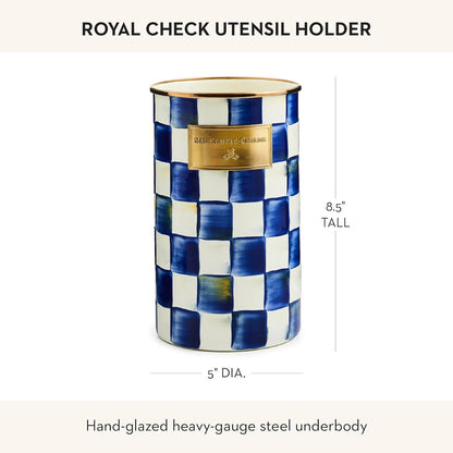 Enamel Utensil Holder, Gray-and-White Sterling Check | Hand-painted design, made from enameled steel, ideal for storing and organizing kitchen utensils, 5" dia. x 8.5" H