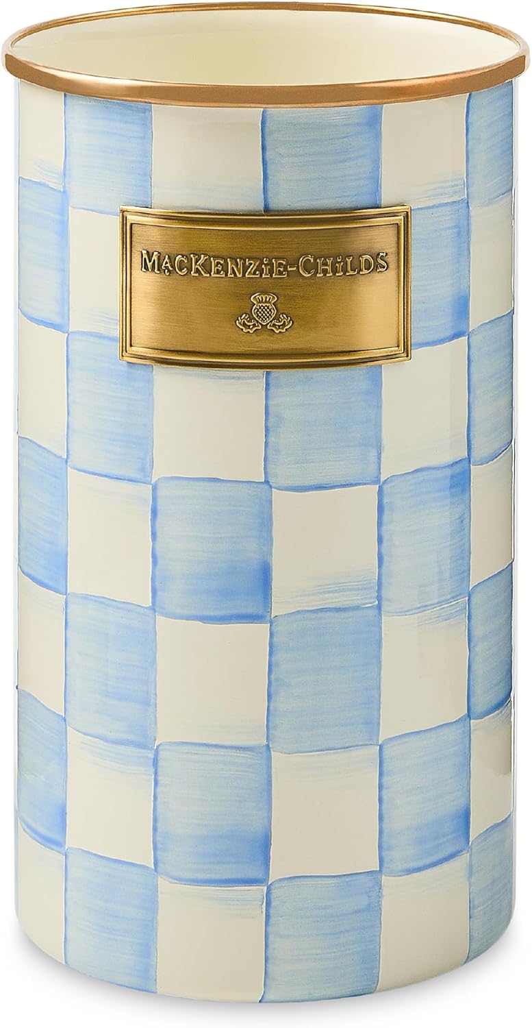 Enamel Utensil Holder, Gray-and-White Sterling Check | Hand-painted design, made from enameled steel, ideal for storing and organizing kitchen utensils, 5" dia. x 8.5" H