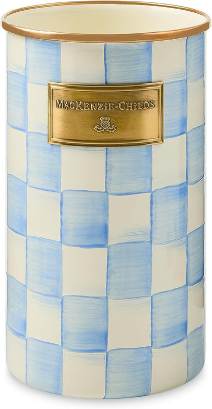 Enamel Utensil Holder, Gray-and-White Sterling Check | Hand-painted design, made from enameled steel, ideal for storing and organizing kitchen utensils, 5" dia. x 8.5" H