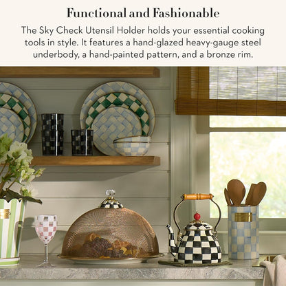 Enamel Utensil Holder, Gray-and-White Sterling Check | Hand-painted design, made from enameled steel, ideal for storing and organizing kitchen utensils, 5" dia. x 8.5" H