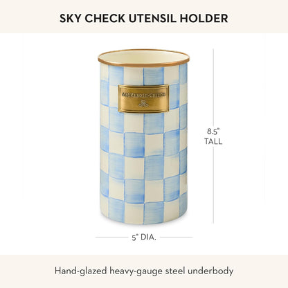 Enamel Utensil Holder, Gray-and-White Sterling Check | Hand-painted design, made from enameled steel, ideal for storing and organizing kitchen utensils, 5" dia. x 8.5" H