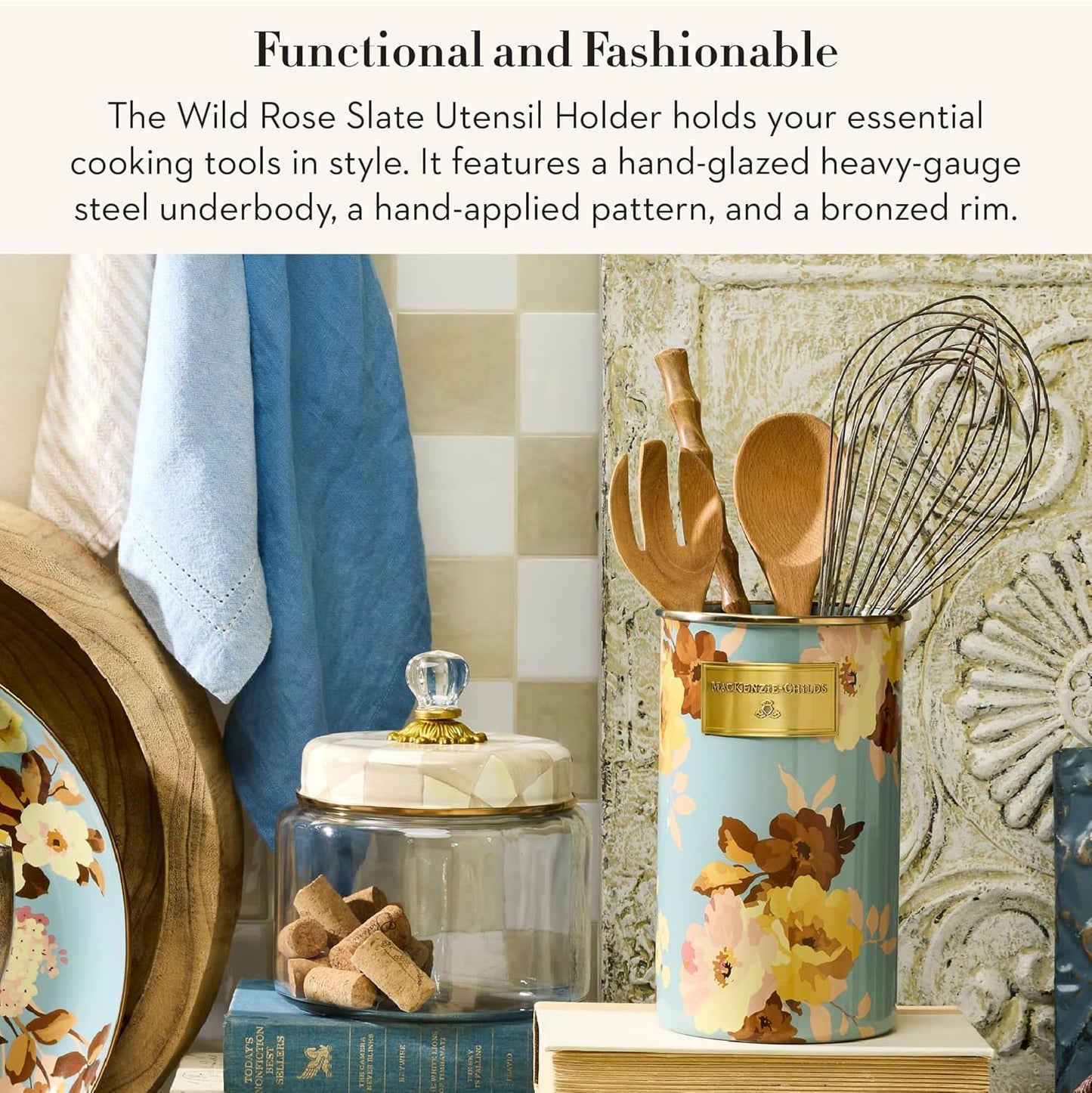 Enamel Utensil Holder, Gray-and-White Sterling Check | Hand-painted design, made from enameled steel, ideal for storing and organizing kitchen utensils, 5" dia. x 8.5" H