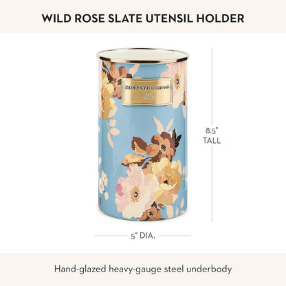 Enamel Utensil Holder, Gray-and-White Sterling Check | Hand-painted design, made from enameled steel, ideal for storing and organizing kitchen utensils, 5" dia. x 8.5" H