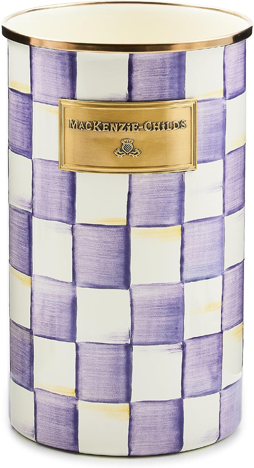 Enamel Utensil Holder, Gray-and-White Sterling Check | Hand-painted design, made from enameled steel, ideal for storing and organizing kitchen utensils, 5" dia. x 8.5" H