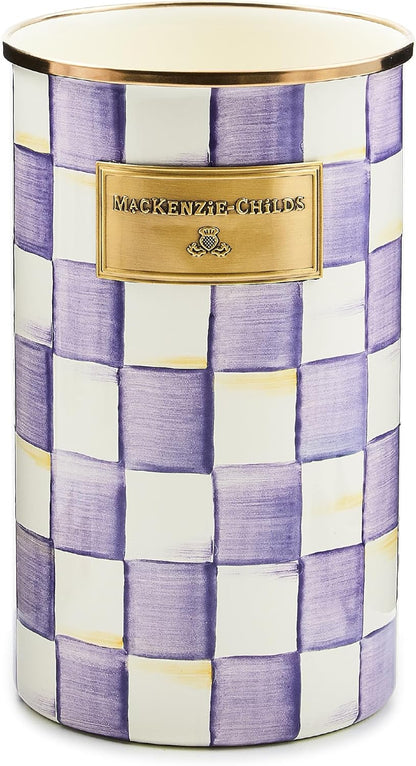 Enamel Utensil Holder, Gray-and-White Sterling Check | Hand-painted design, made from enameled steel, ideal for storing and organizing kitchen utensils, 5" dia. x 8.5" H