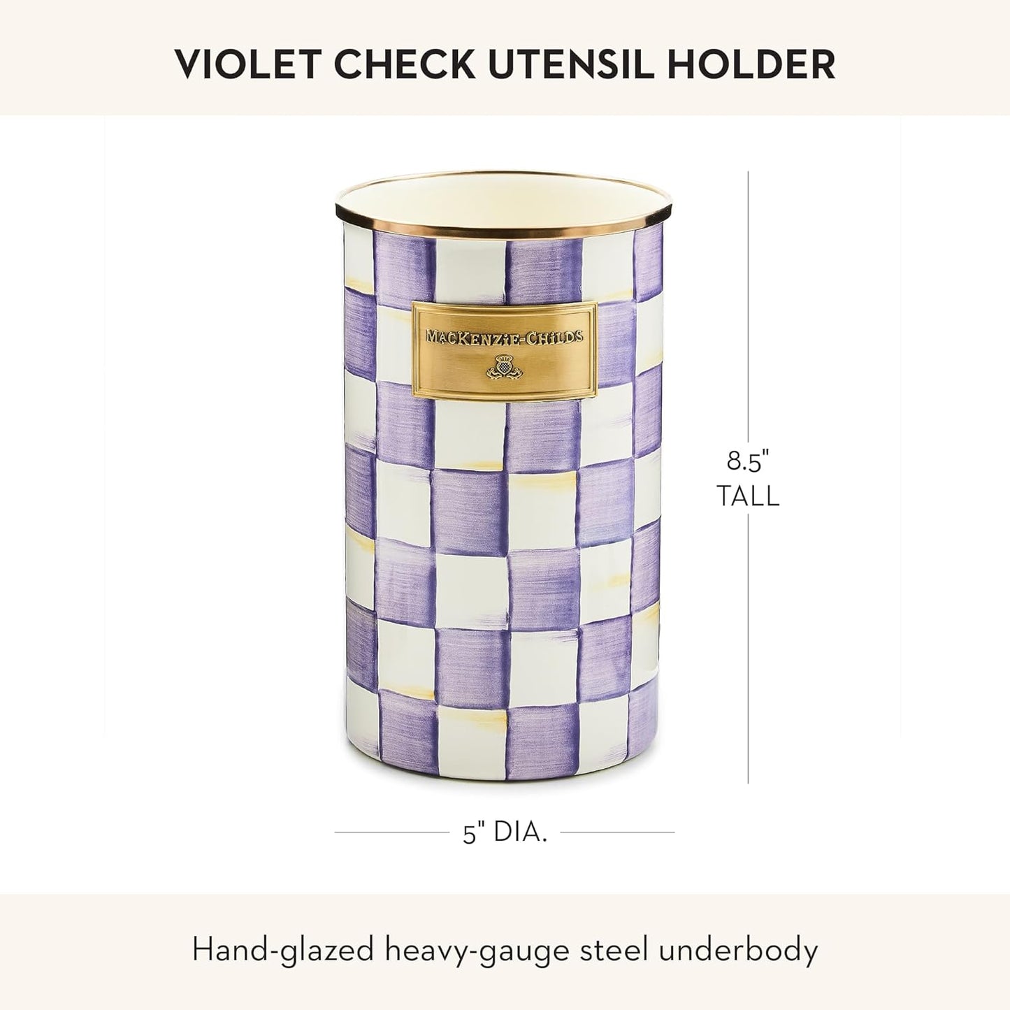 Enamel Utensil Holder, Gray-and-White Sterling Check | Hand-painted design, made from enameled steel, ideal for storing and organizing kitchen utensils, 5" dia. x 8.5" H