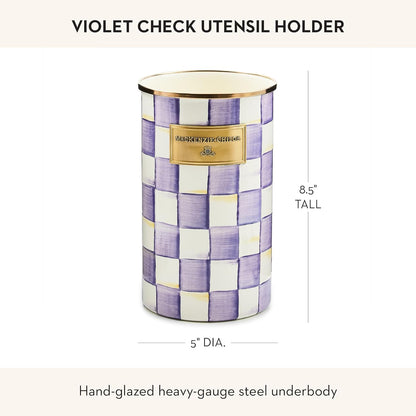 Enamel Utensil Holder, Gray-and-White Sterling Check | Hand-painted design, made from enameled steel, ideal for storing and organizing kitchen utensils, 5" dia. x 8.5" H