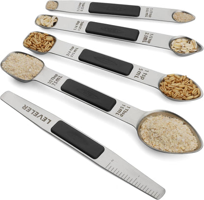 Magnetic Measuring Spoons Set Stainless Steel Double Sided Measuring Spoons | Measuring Teaspoon Tablespoon with 1 Leveler for Dry and Liquid Ingredients