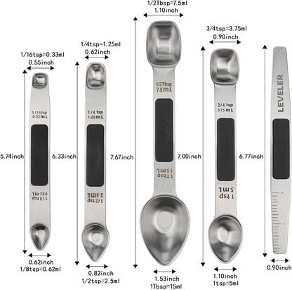 Magnetic Measuring Spoons Set Stainless Steel Double Sided Measuring Spoons | Measuring Teaspoon Tablespoon with 1 Leveler for Dry and Liquid Ingredients
