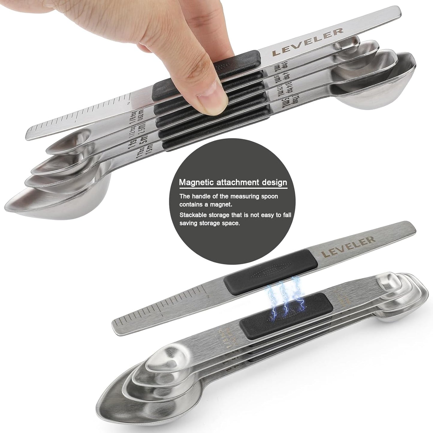 Magnetic Measuring Spoons Set Stainless Steel Double Sided Measuring Spoons | Measuring Teaspoon Tablespoon with 1 Leveler for Dry and Liquid Ingredients